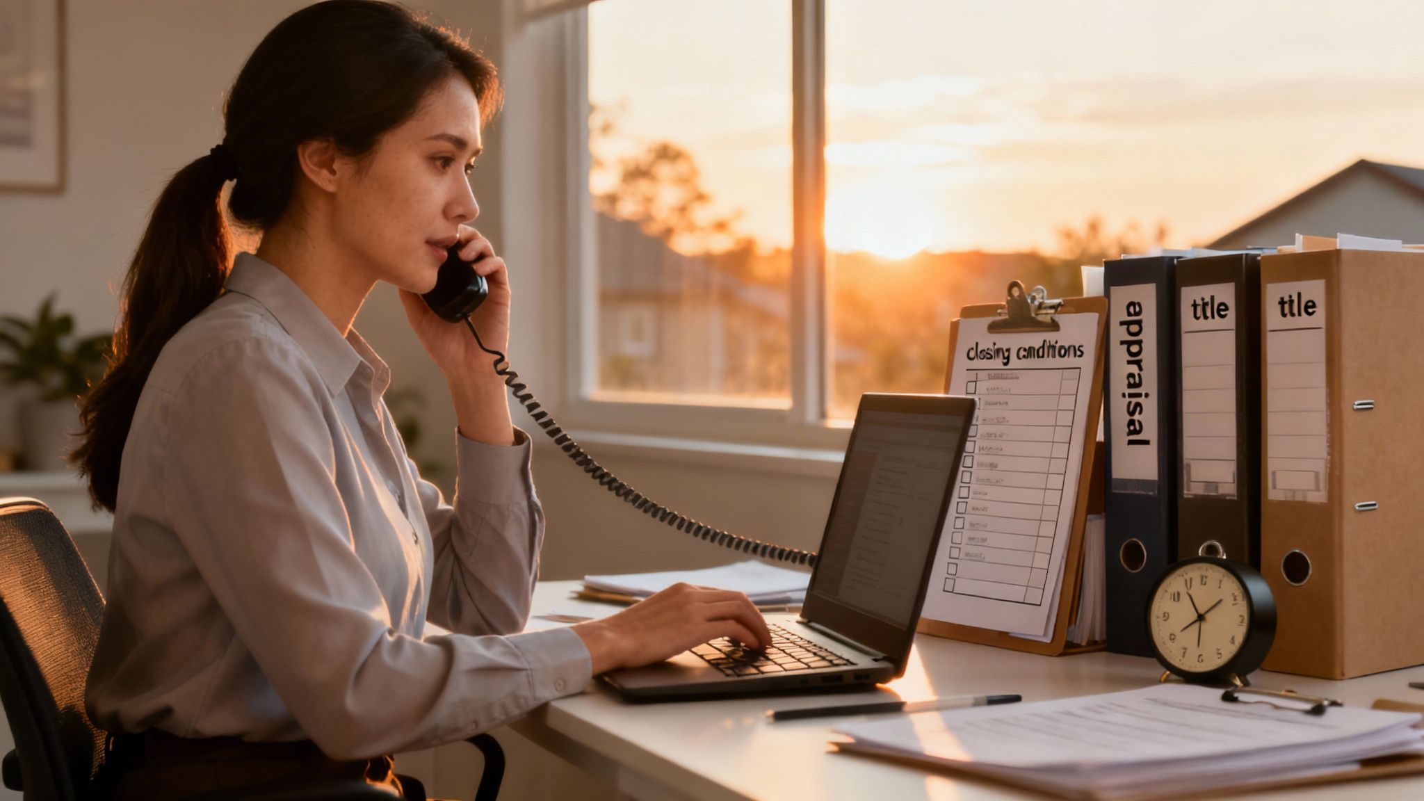 A Portland MLO on a video call, calmly discussing a loan file with an underwriter or client.