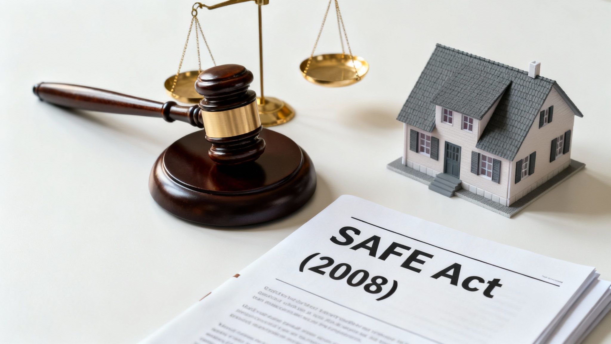 A gavel, scales of justice, house model, and a document titled 'SAFE Act (2008)' regarding mortgage law.