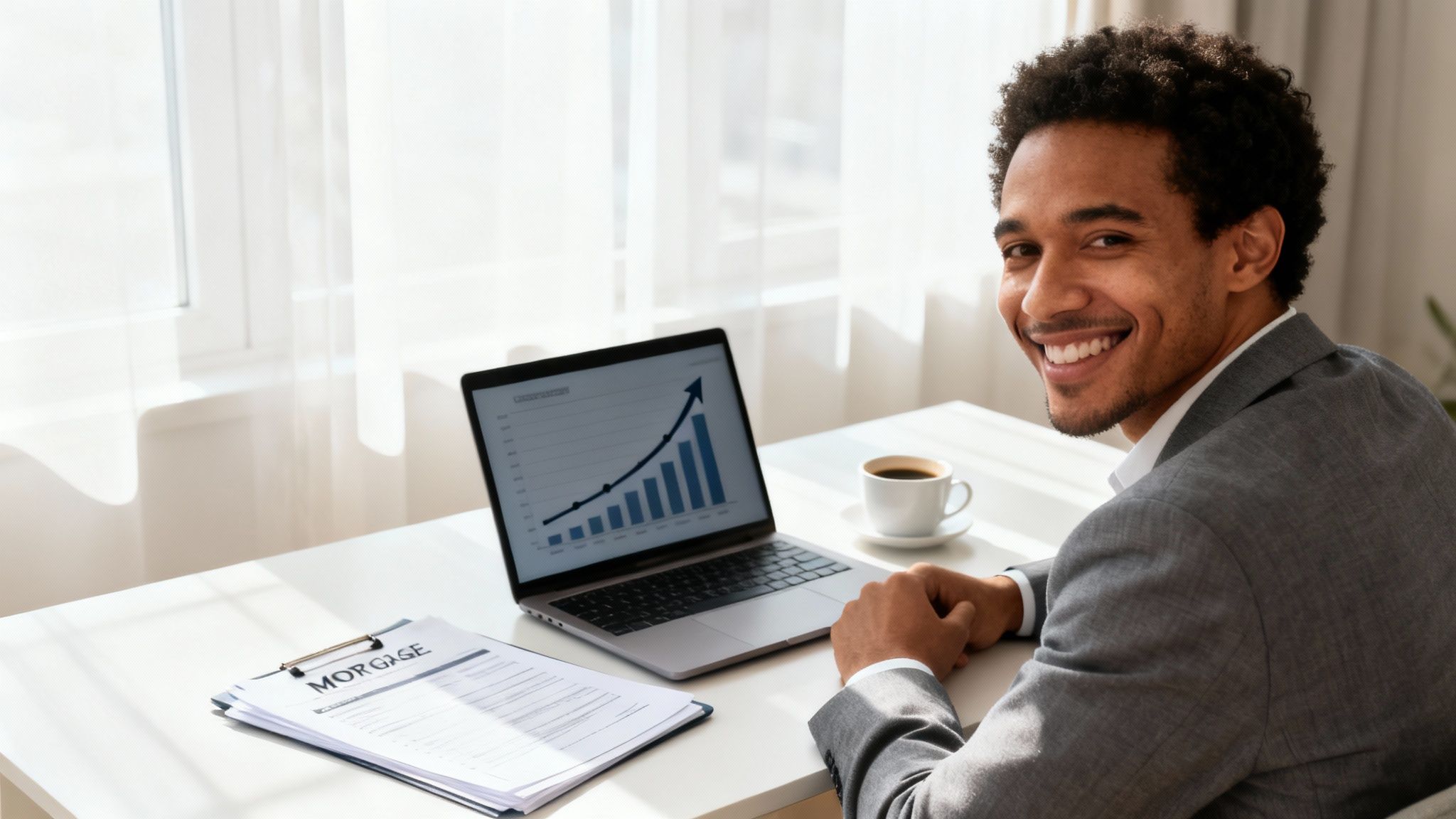Smiling Black man in suit at desk with laptop showing growth chart and mortgage documents.