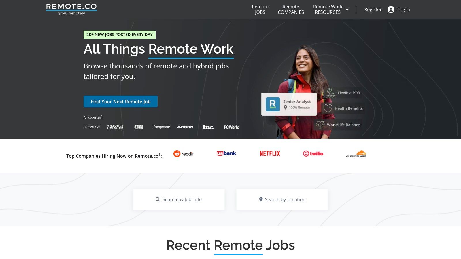 A screenshot of the Remote.co job board interface, showing its clean layout and focus on remote-only positions.