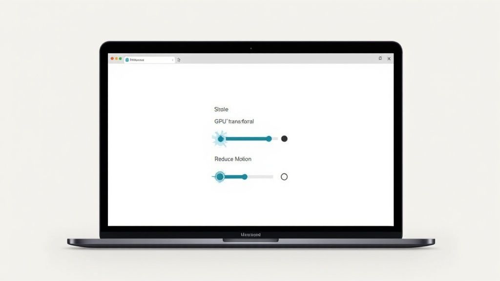 Laptop screen displaying accessibility settings with sliders for GPU transfer and reduce motion options