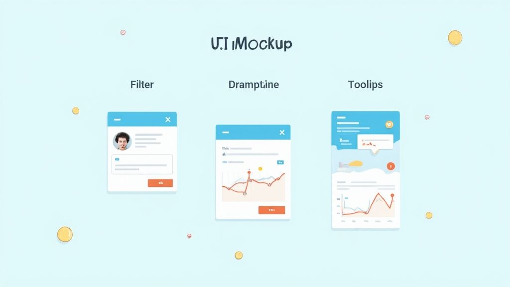 A dashboard UI with interactive elements like filters and drill-downs