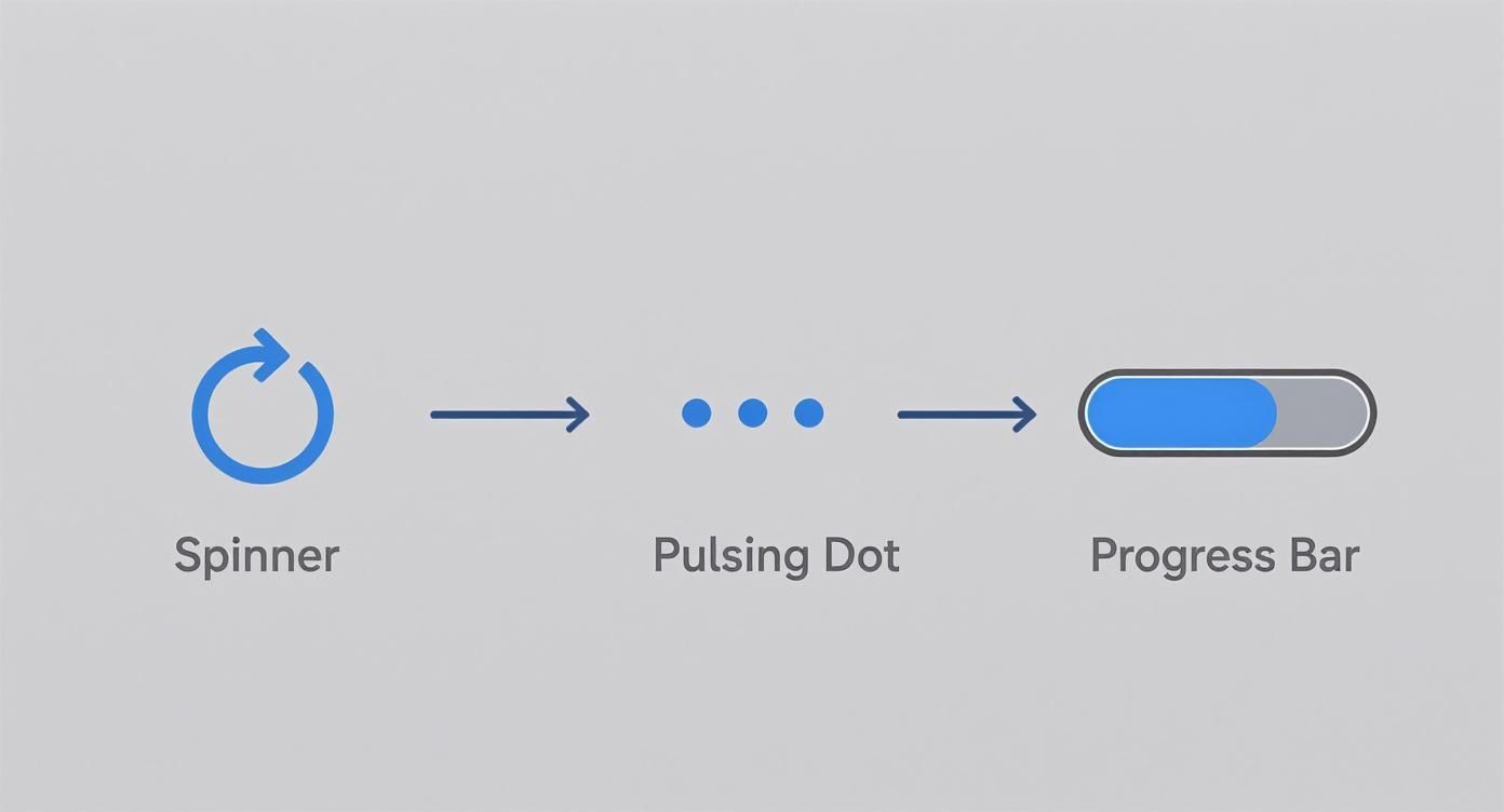 Three types of CSS loading animations: spinner, pulsing dot, and progress bar indicators