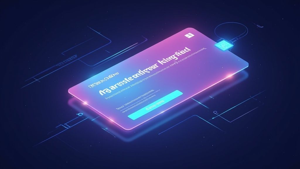 Futuristic illustration of dynamic, intelligent UI cards that respond to user interaction with subtle animations and glowing effects.