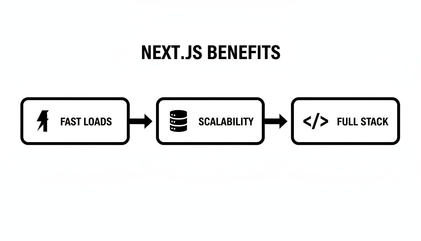 Infographic showing Next.js benefits: fast loads, scalability, and full-stack development capabilities.