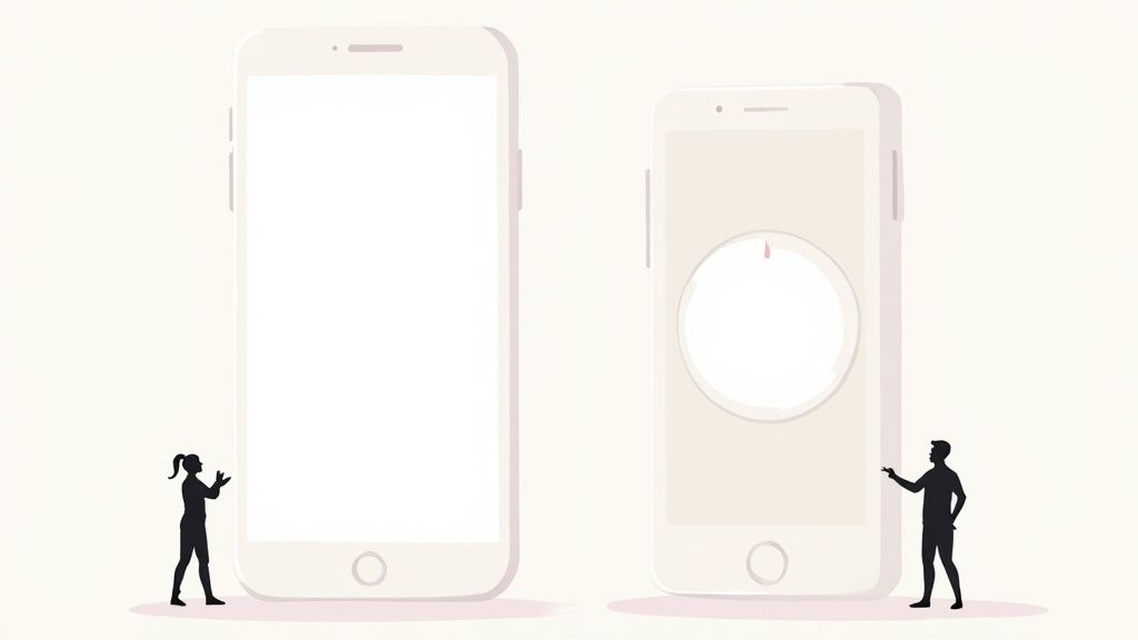 Two silhouettes presenting oversized smartphones with minimalist interface designs on beige background