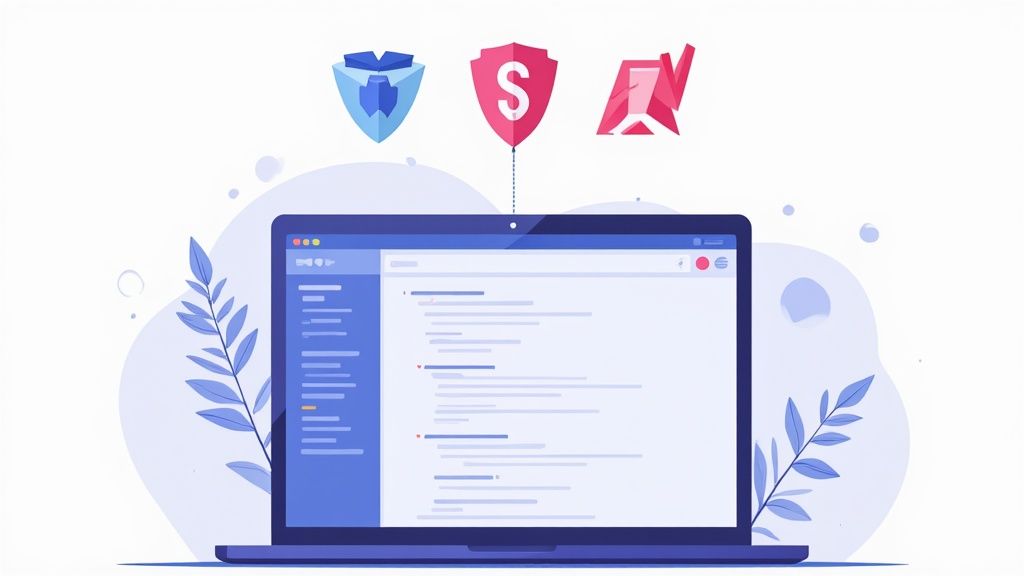 Laptop displaying web development interface with security shields representing website protection and coding