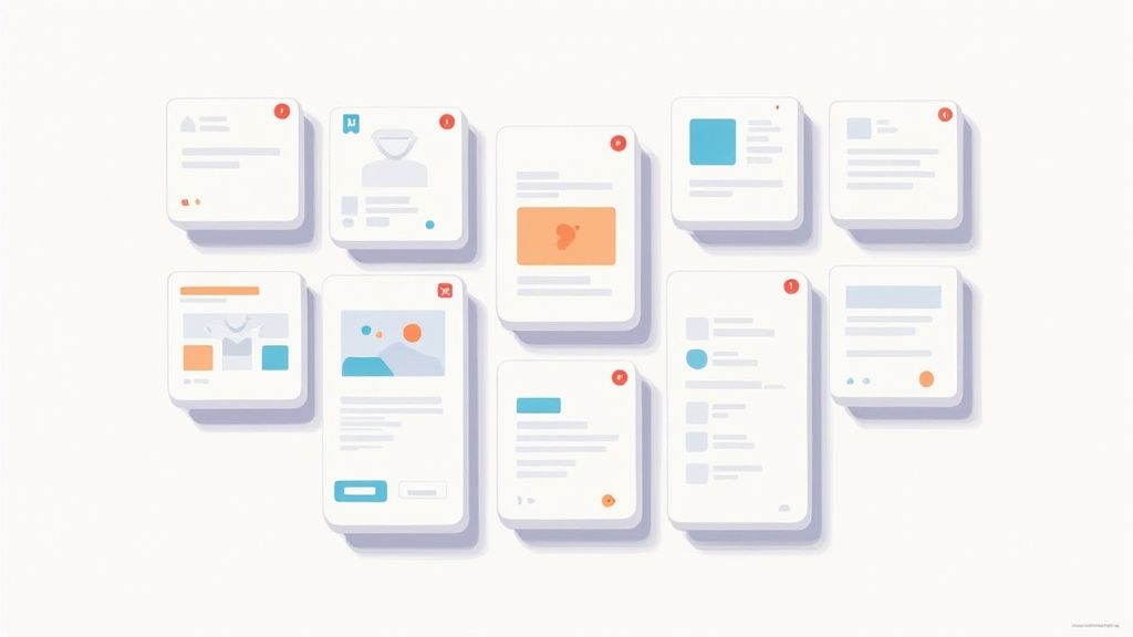 Stylized illustration of various UI cards floating and arranging themselves, symbolizing modular design.