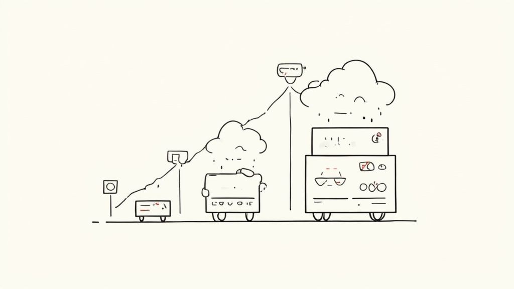 An abstract image representing a tech stack scaling up with arrows pointing upwards, indicating growth and scalability.