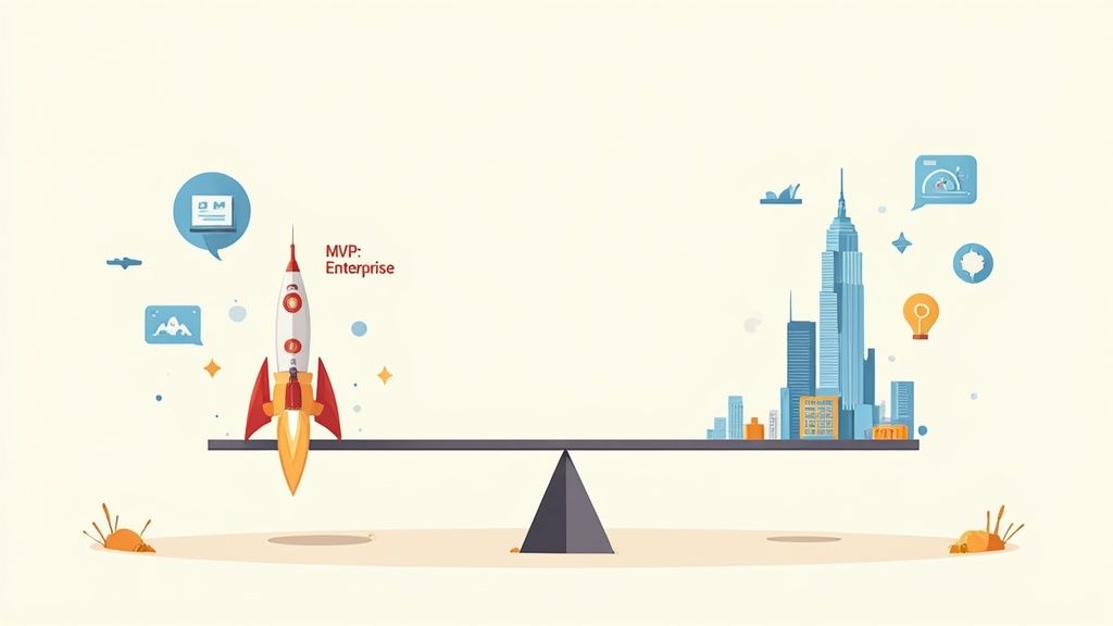 An abstract image representing a tech stack being aligned with business strategy icons like graphs and targets.