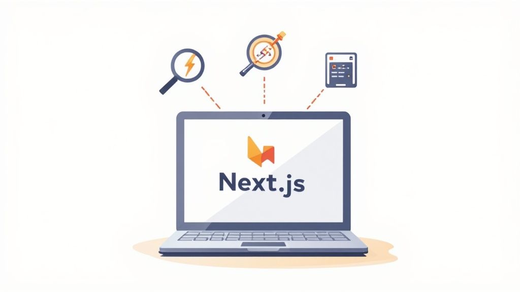 A laptop screen displaying a code editor with Next.js related code, set against a modern, clean desk environment.