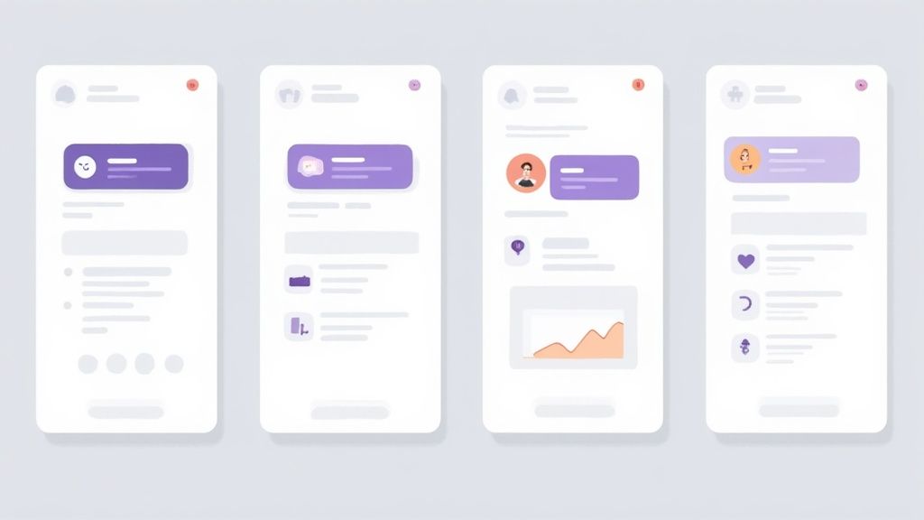 An assortment of UI card examples from different apps, like e-commerce, social media, and news, laid out neatly.