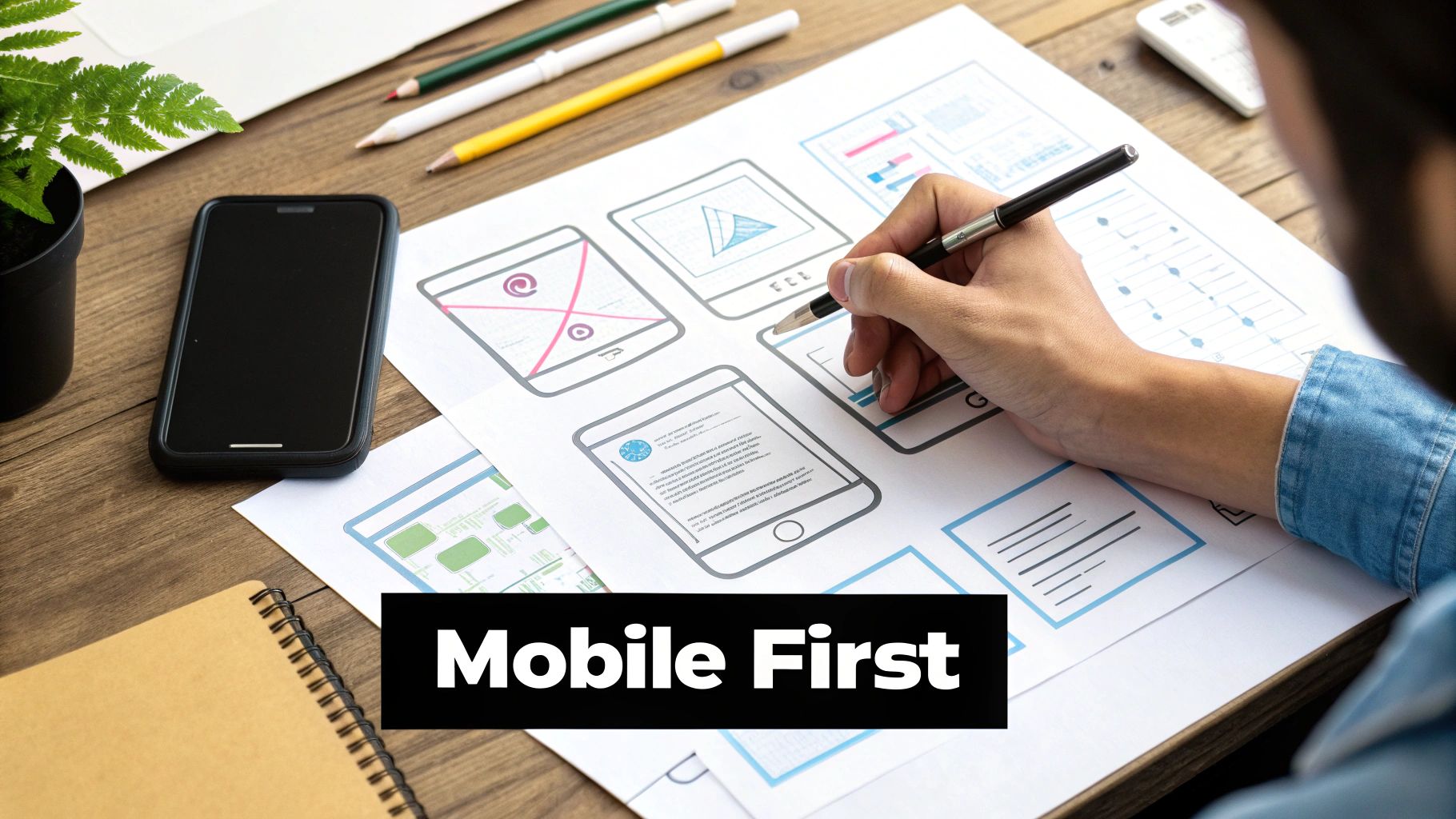 A smartphone displaying a website with other devices in in the background, illustrating the concept of mobile-first design.