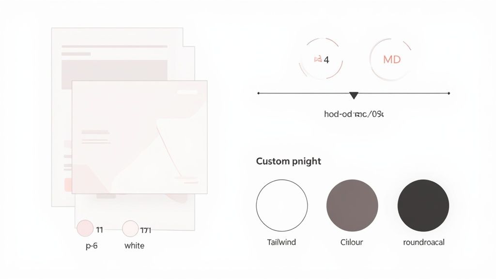 A white background displays a UI design concept with abstract forms, color palettes, and various UI elements.