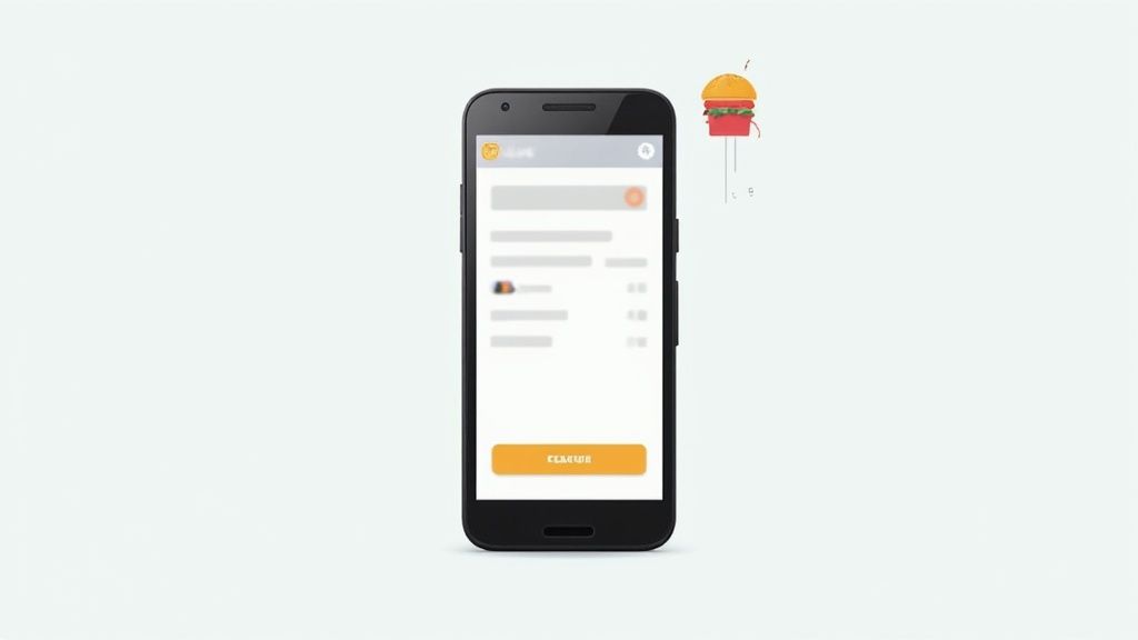 Smartphone displaying food delivery app interface with hamburger icon and orange search button