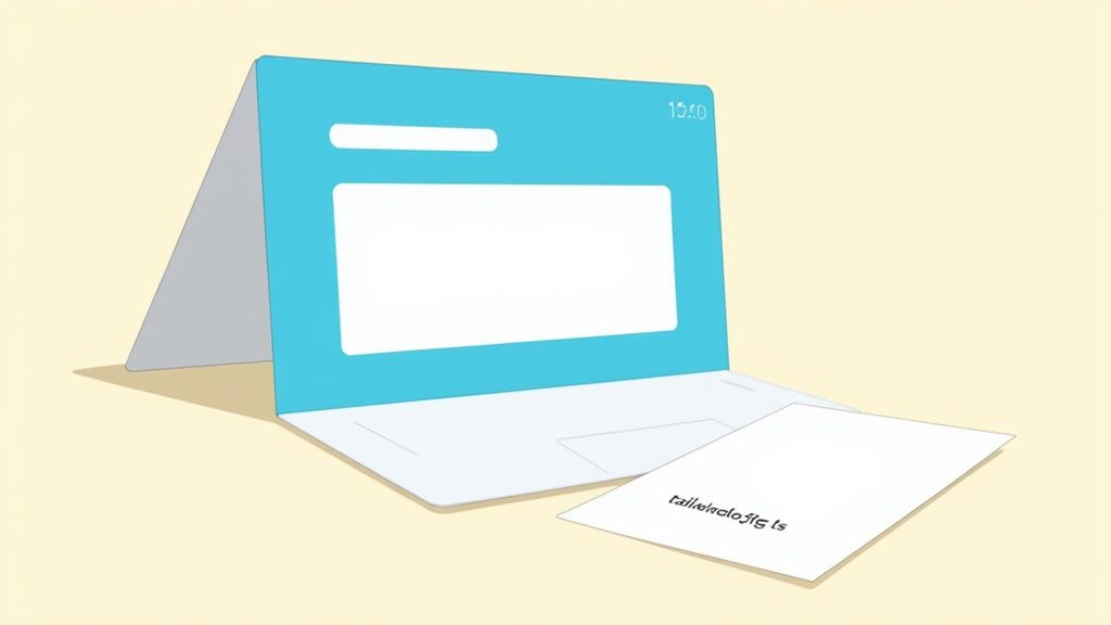 A stylized light blue and white laptop-like device with a screen showing 10:50, and a paper next to it.