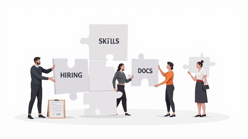 A team of developers collaborating around a screen, representing team expertise in a tech environment.