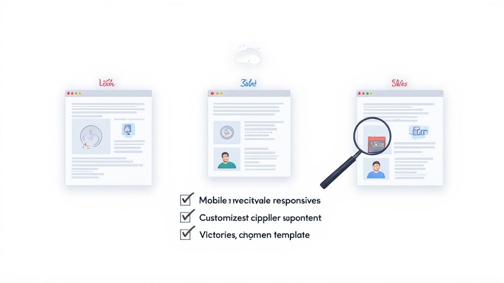 A person comparing different landing page design templates on a screen