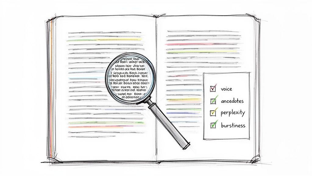 A magnifying glass inspects text in an open book, next to a checklist for content analysis.
