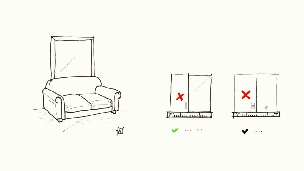 Sketch of a sofa with a tall back, beside two cabinet designs illustrating measurement and errors.