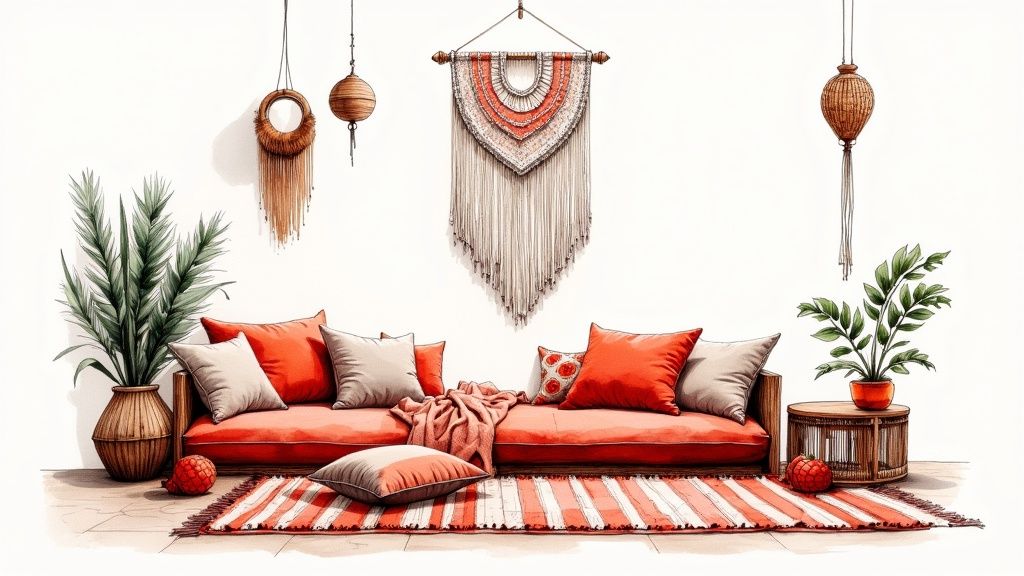 Watercolor illustration of a modern boho living room with a red sofa, plants, and macrame wall art.