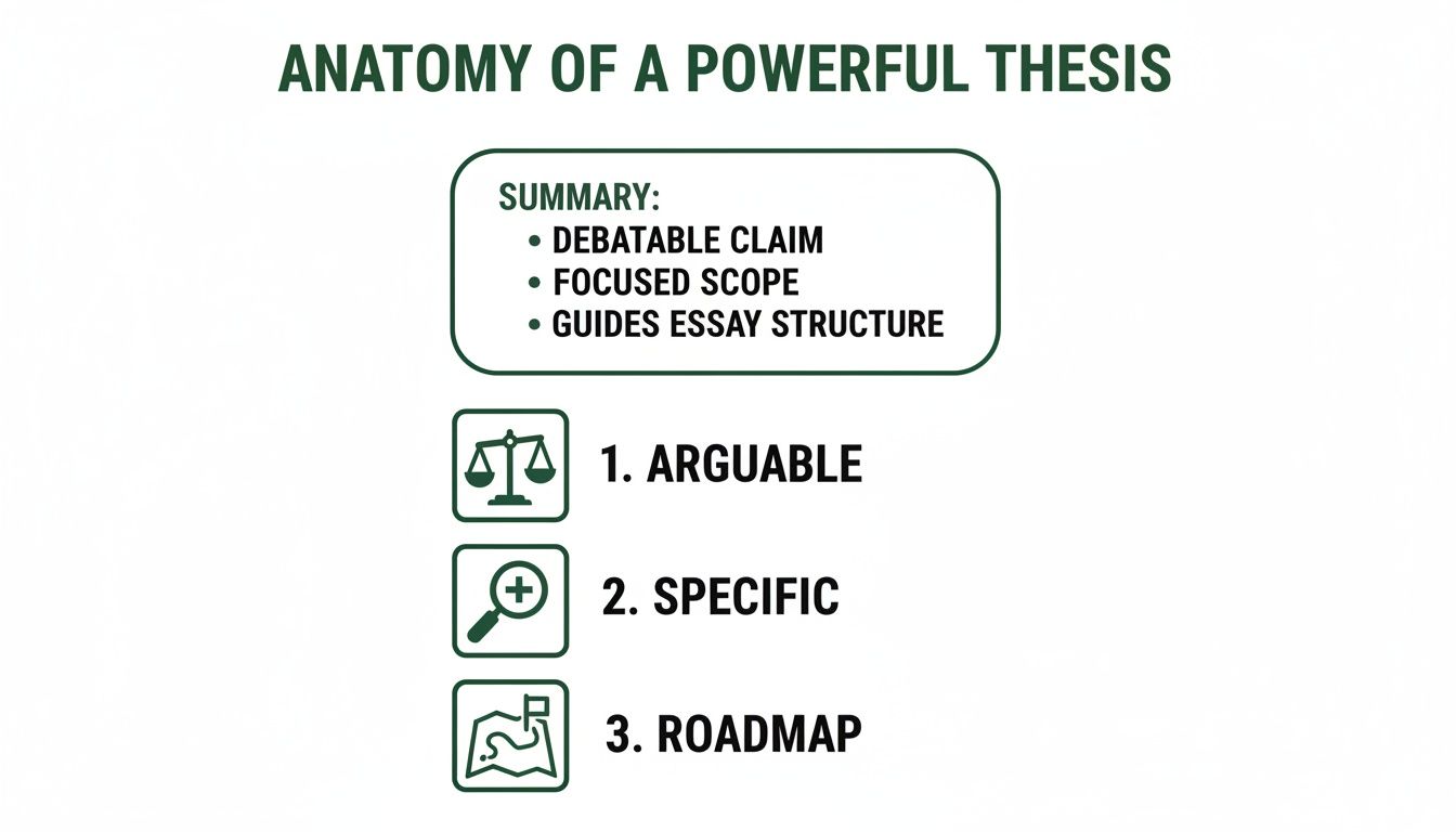 Diagram outlining the anatomy of a powerful thesis, emphasizing arguable, specific, and roadmap qualities.