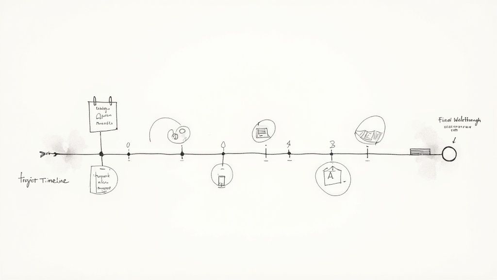 Hand-drawn project timeline diagram showing renovation planning phases from start to final walkthrough completion