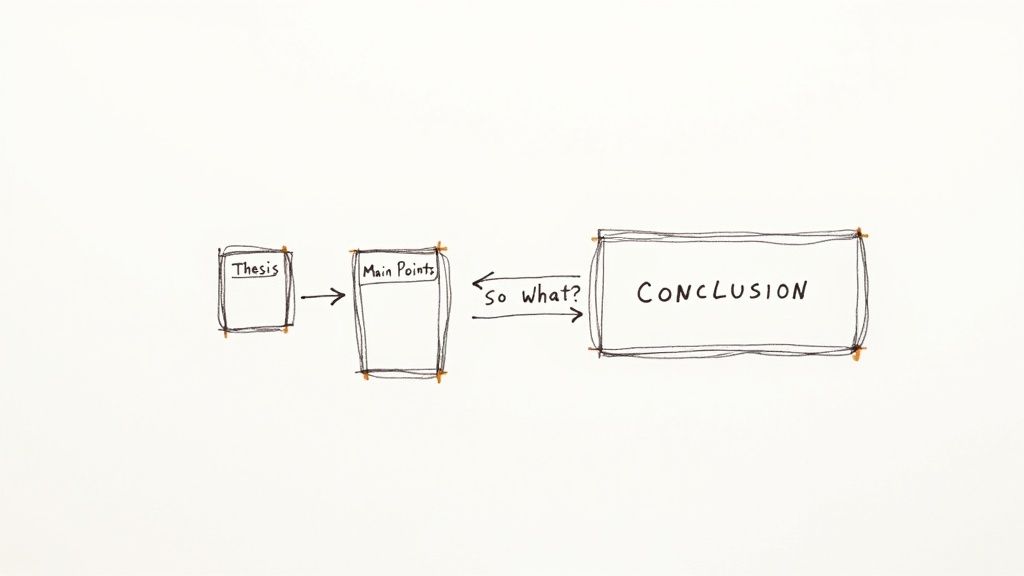 A hand-drawn diagram illustrating the flow from thesis to main points, then to a conclusion, asking 'So what?'.