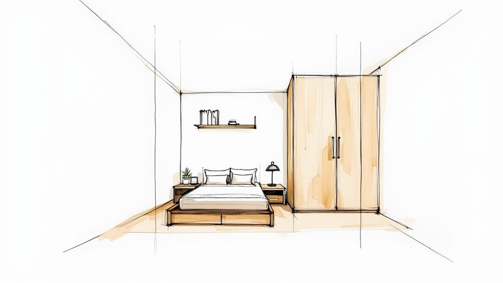 Hand-drawn sketch of a cozy minimalist bedroom with a bed, nightstands, wall shelf, and wardrobe.
