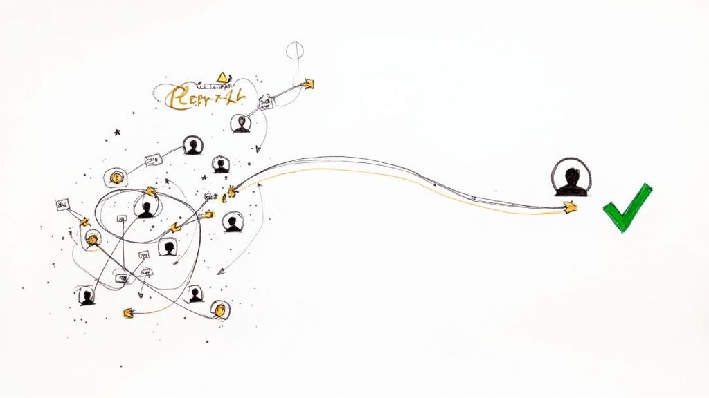 A hand-drawn diagram illustrating a referral network with interconnected person icons leading to a successful outcome.