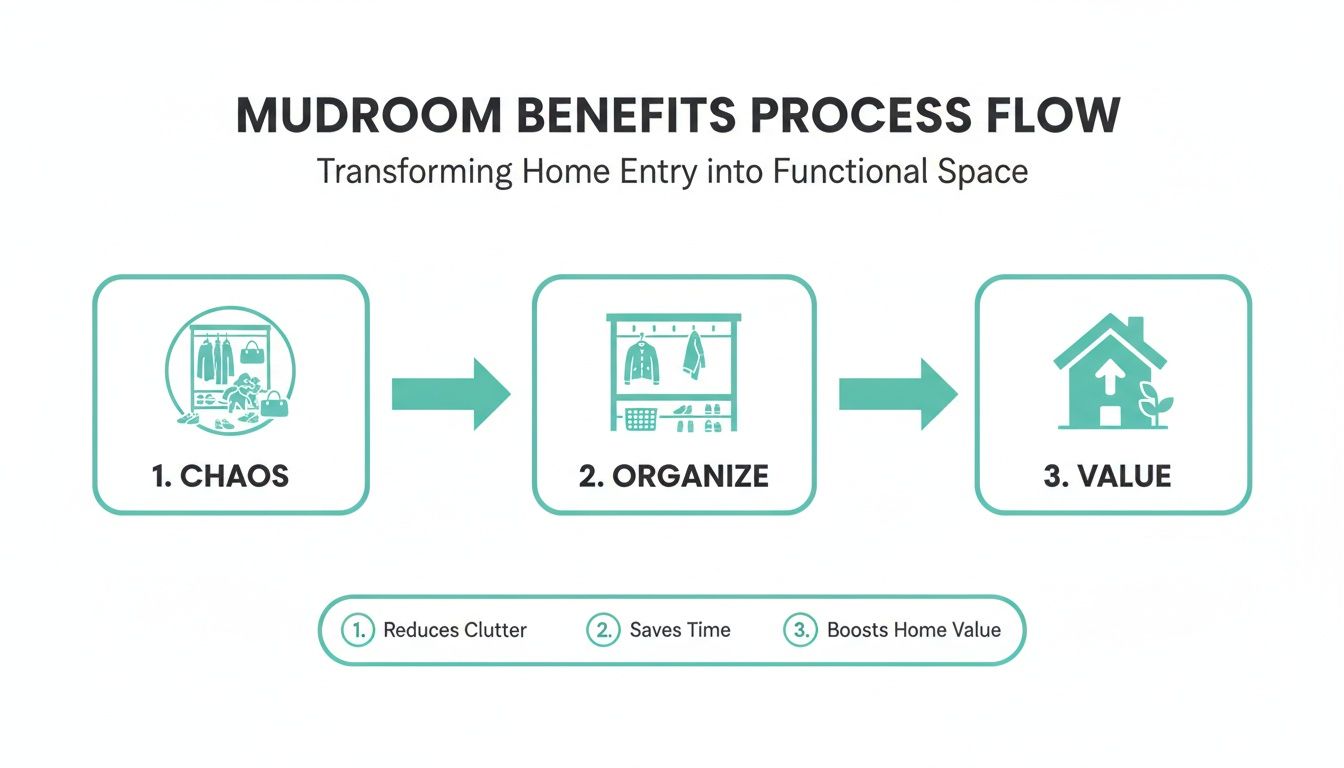 Process flow illustrating mudroom benefits: transforming a chaotic entry into an organized, valuable home space.