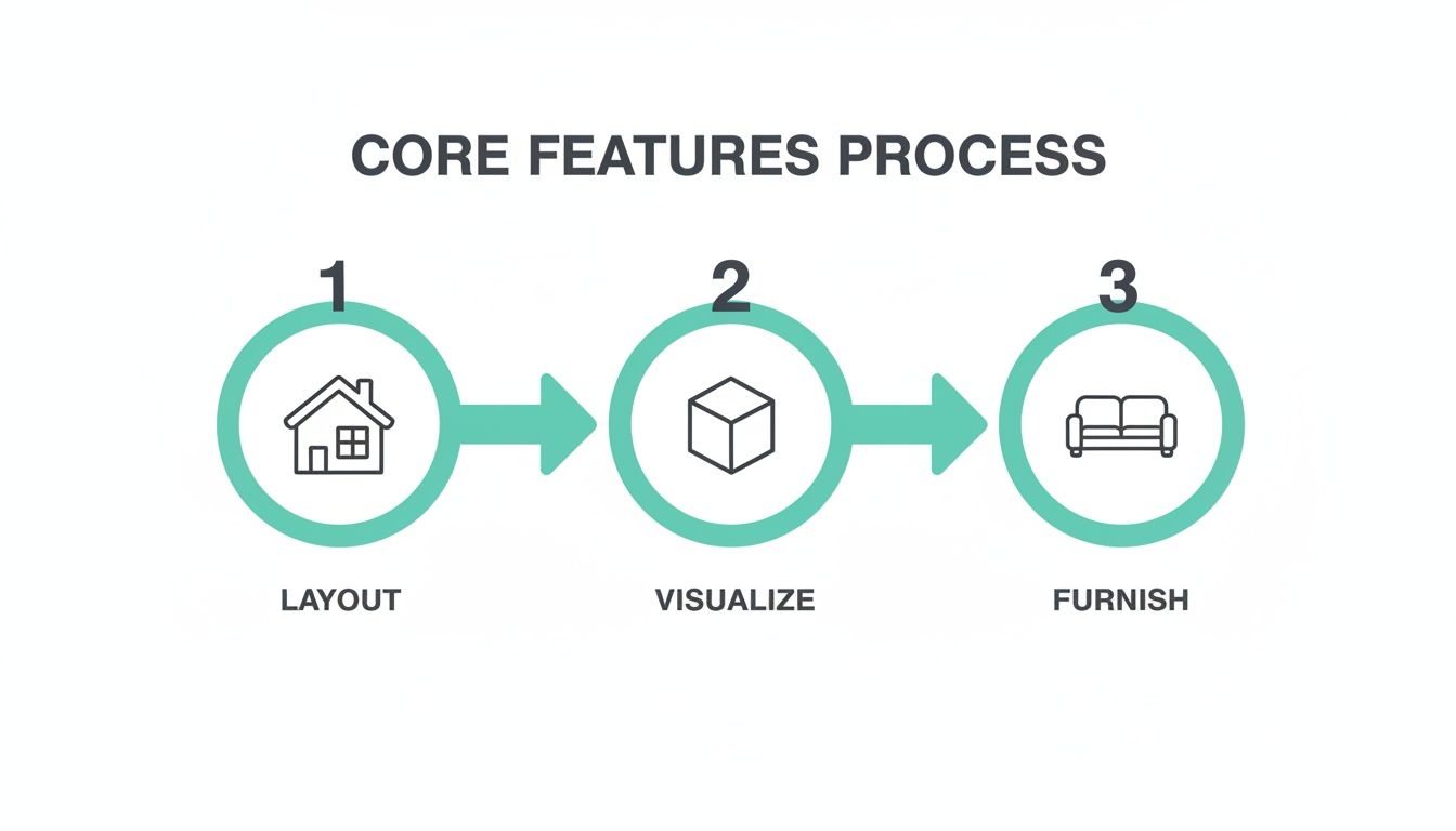 A three-step process for home design: Layout, Visualize, and Furnish, illustrated with icons.