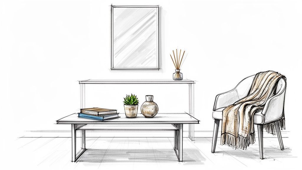Sketch of a minimalist home interior featuring a mirror, console table, coffee table, and armchair.