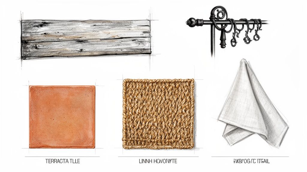 A collection of design elements including distressed wood, terracotta tile, woven mat, white cloth, and a curtain rod.