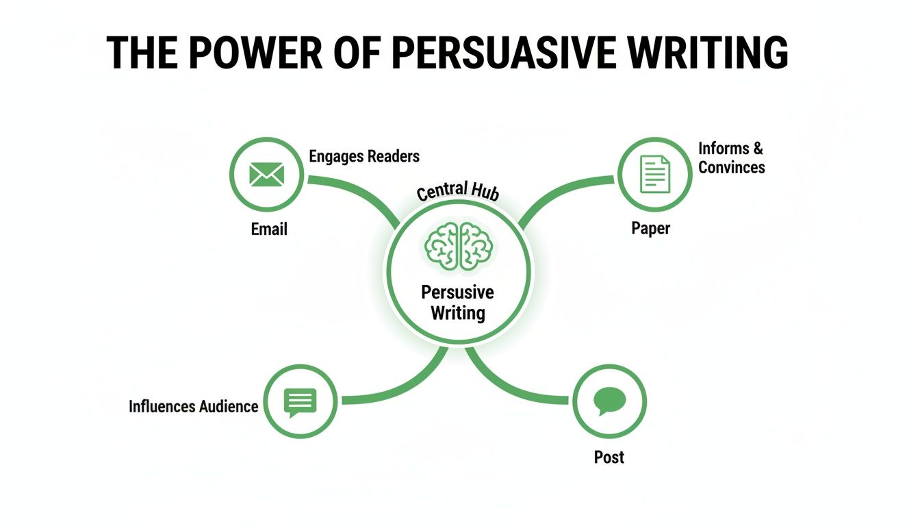 Mind map showing persuasive writing's applications in email, paper, posts, engaging, informing, and influencing.