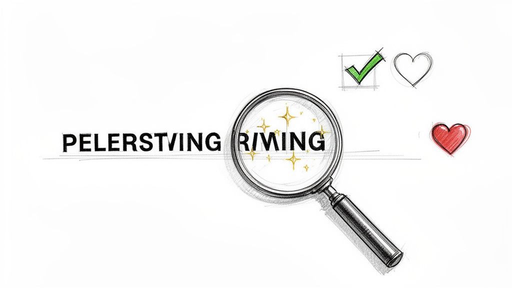 A sketch showing 'PELERSTVING R/MING' with a magnifying glass, a green checkmark, and hearts.