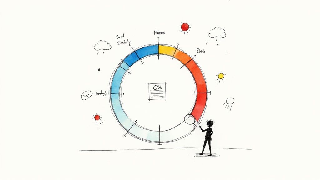 Hand-drawn circular diagram showing various environmental conditions with a stick figure analyzing a segment.