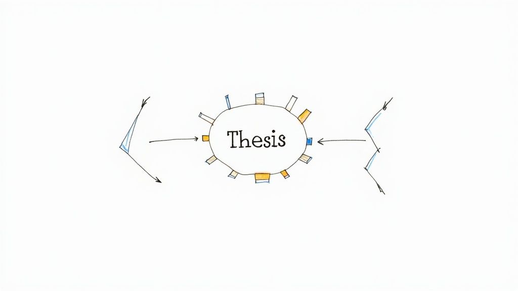 A hand-drawn diagram illustrating a 'Thesis' as a central concept with multiple inputs.