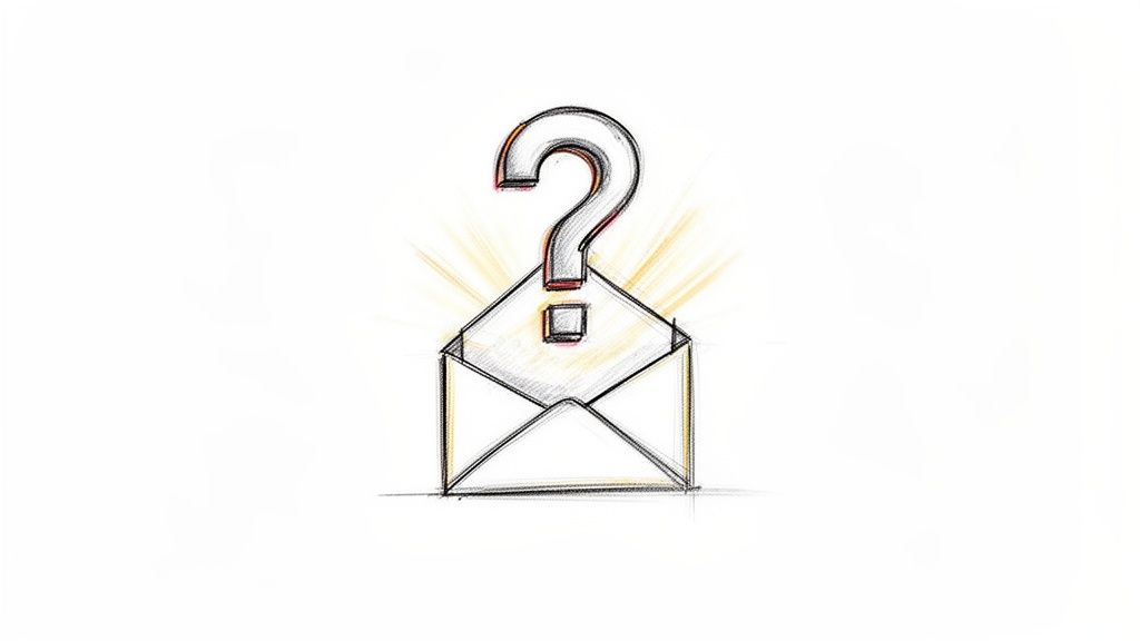 Sketch of an open envelope with a question mark emerging, representing a mystery email.