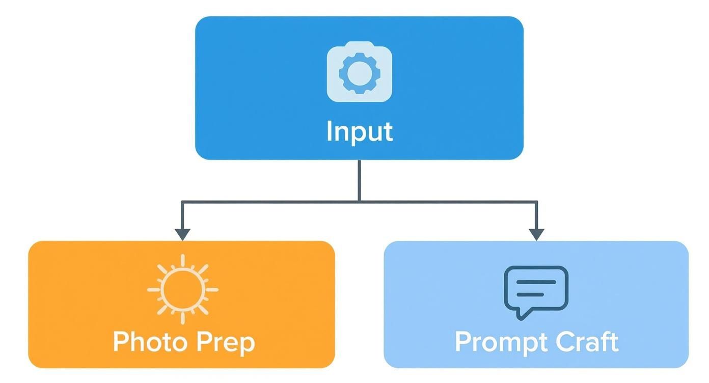 Flowchart illustrating a two-step process: Input leading to Photo Prep and Prompt Craft.