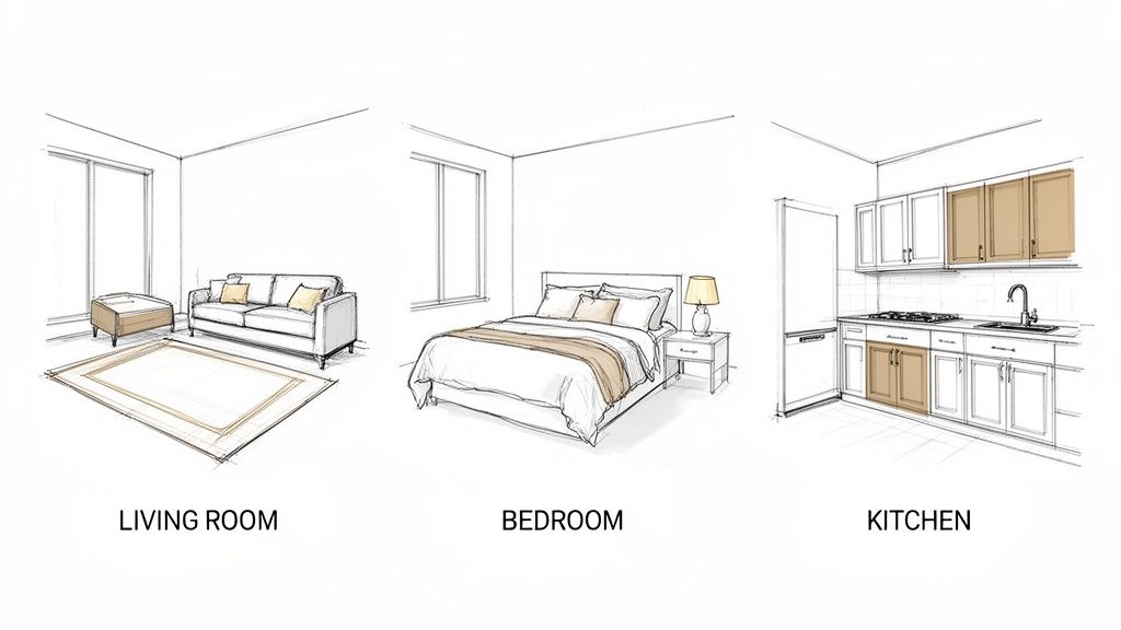 Sketches of living room, bedroom, and kitchen interiors with highlighted design elements.
