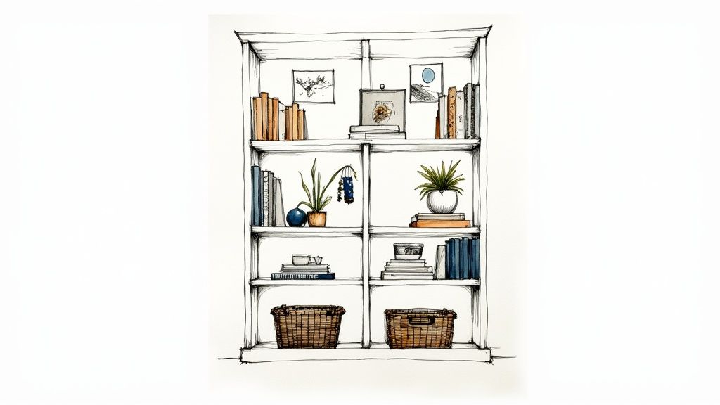 A hand-drawn sketch illustrates a white bookcase filled with books, plants, and decorative items.