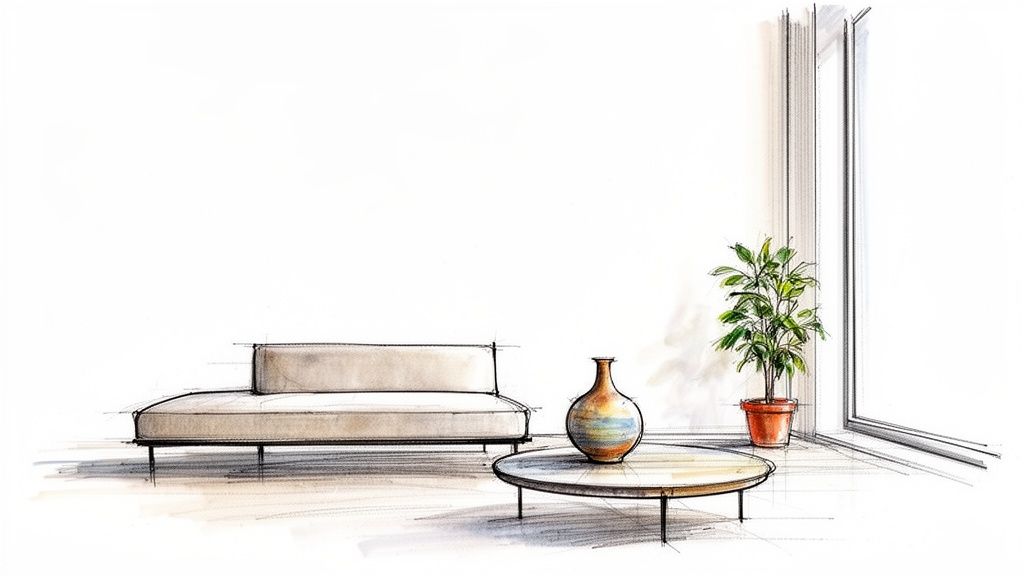 Watercolor sketch of a minimalist living room with modern sofa, coffee table, colorful vase, and potted plant.