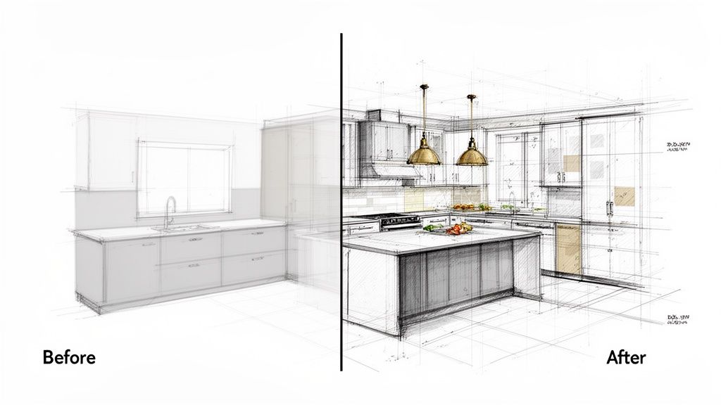 Detailed architectural sketch illustrating a kitchen design before and after enhancement.