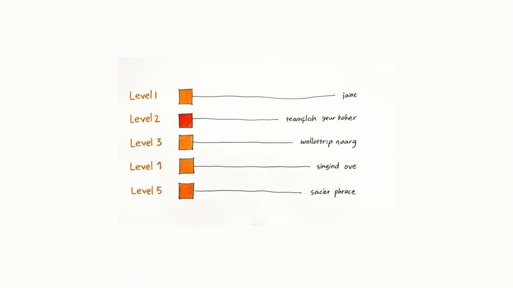 A handwritten diagram displays five levels with colored squares linked to corresponding phrases.