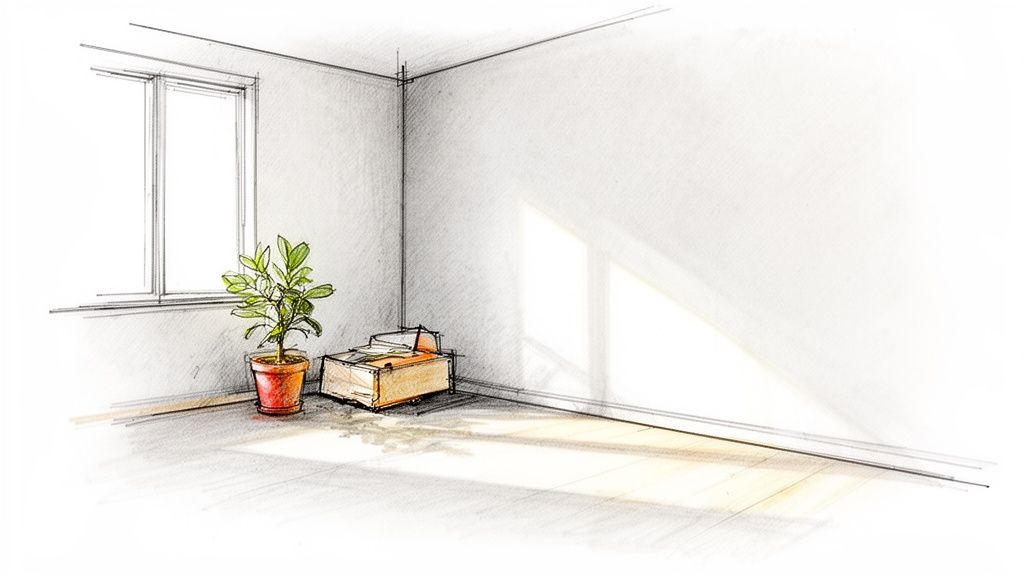 A sketch of an empty room with a window, a potted plant, and a cardboard box, with sunlight streaming in.