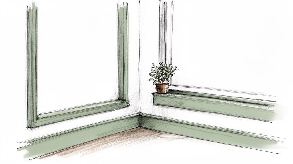 Sketch of an interior corner featuring white walls, green trim, and a potted plant.