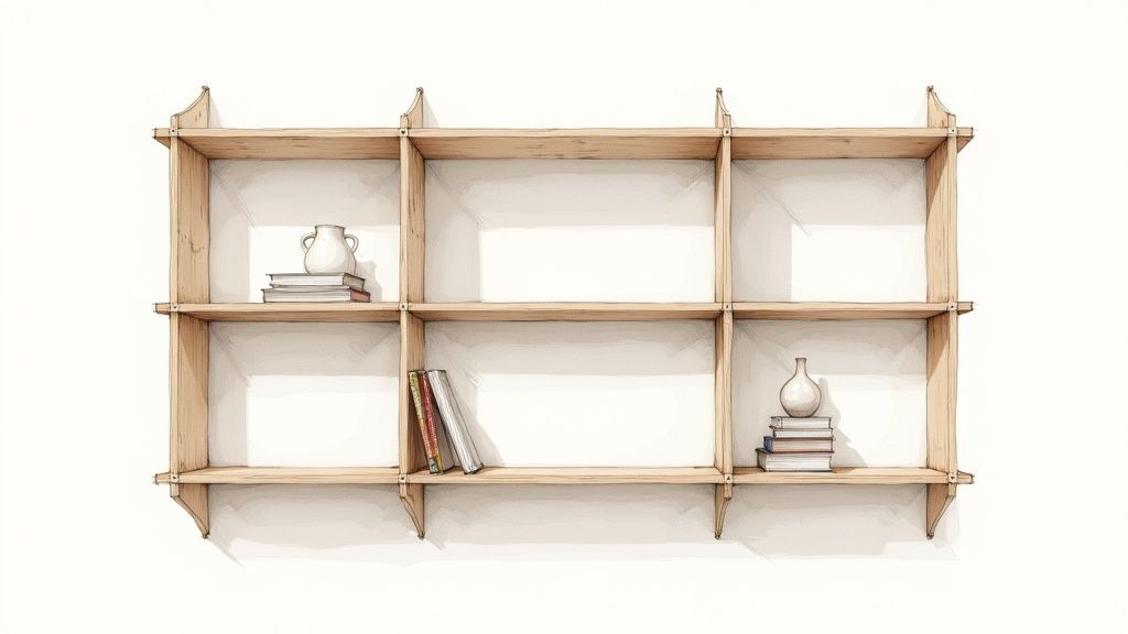 A minimalist light wood wall shelf with six compartments, some holding books and decorative vases.