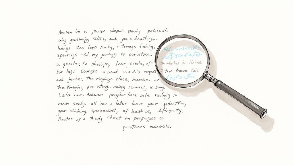 A writer's hand editing a draft on a tablet, with creative doodles flowing from the screen, representing the injection of personality.