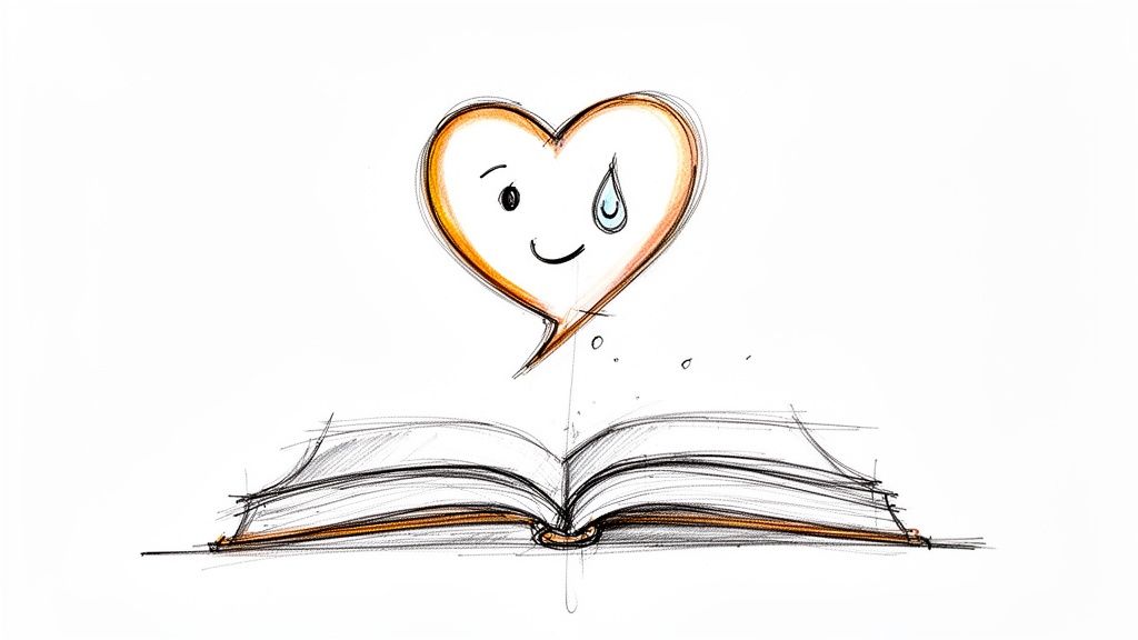Sketch of an open book with an emotional, heart-shaped speech bubble floating above.
